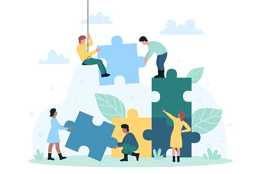 Teamwork partnership, project management, group motivation, brainstorming.
